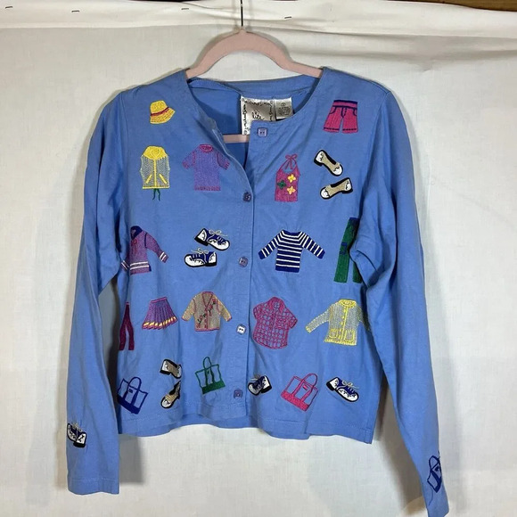 Michael‎ Simon Lite Cardigan W L Blue Button Front Embroidered Clothes Shoes - Picture 1 of 8